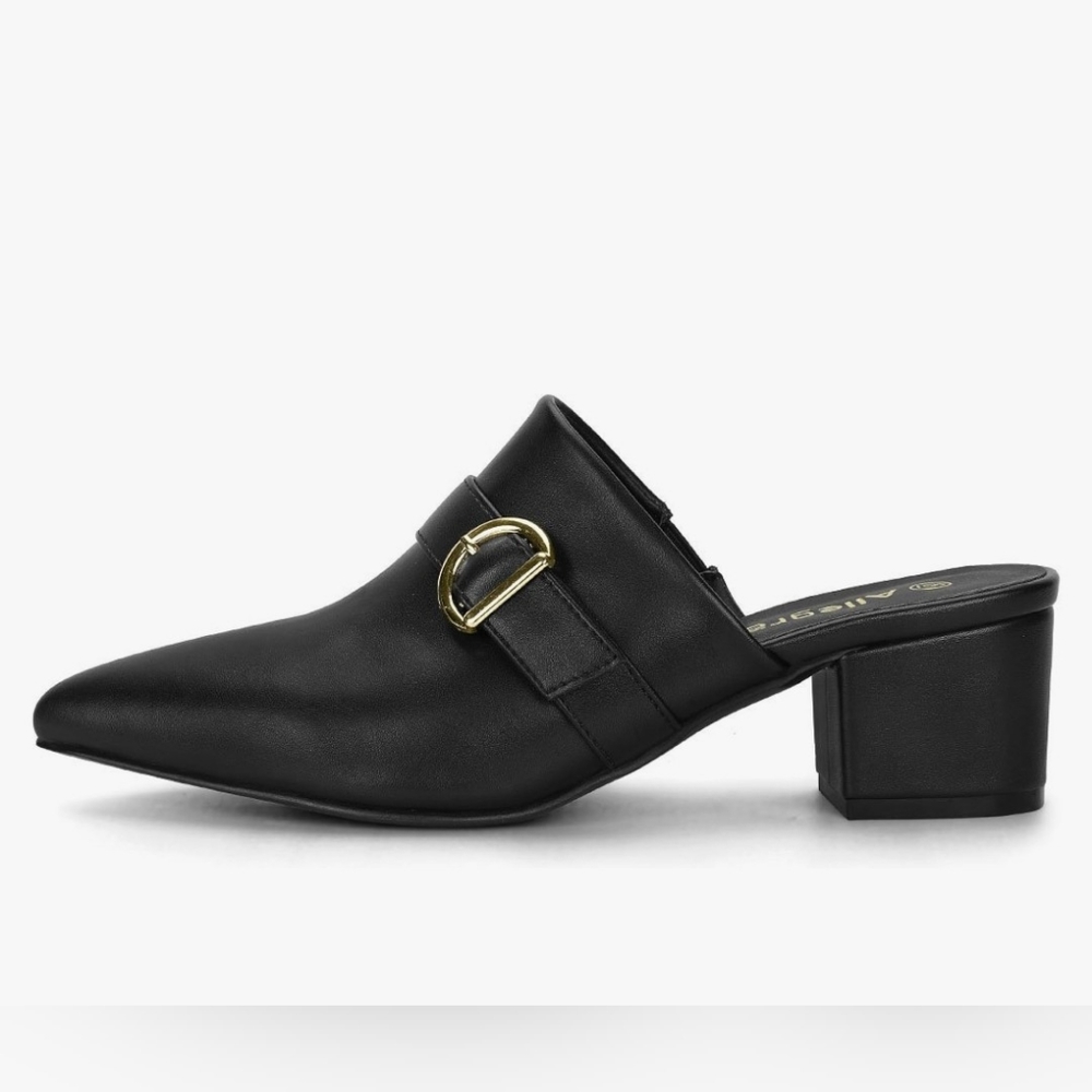 Allegra K Black Pointed Mule Heels with Gold Buckle